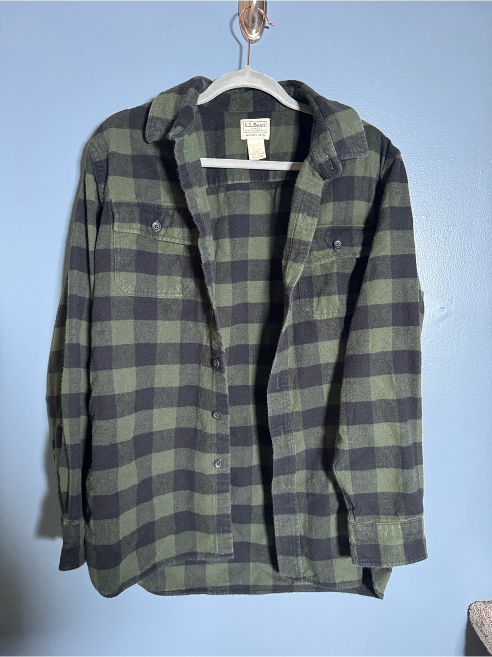L.L.Bean Men's Plaid Flannel Chamois Shirt Slightly Fitted men L green & black